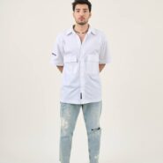 پیراهن پوپلین سفید مدل دو جیب برند امضا | EMZA